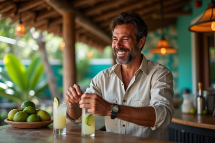Homme brésilien souriant préparant une caipirinha en extérieur