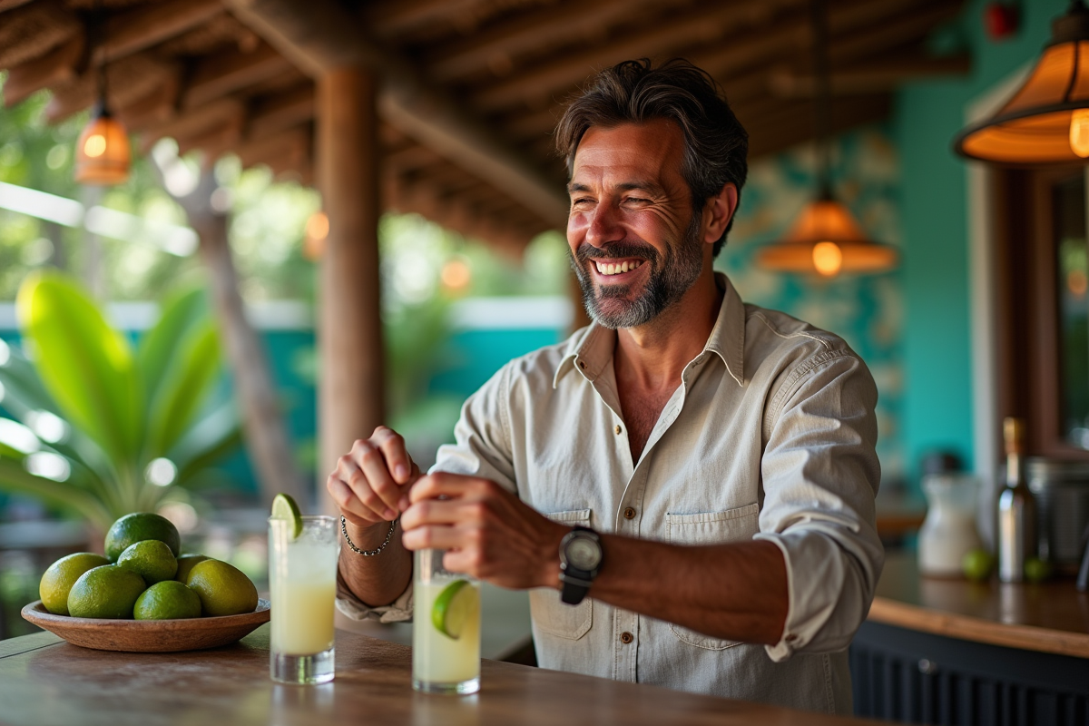 Homme brésilien souriant préparant une caipirinha en extérieur