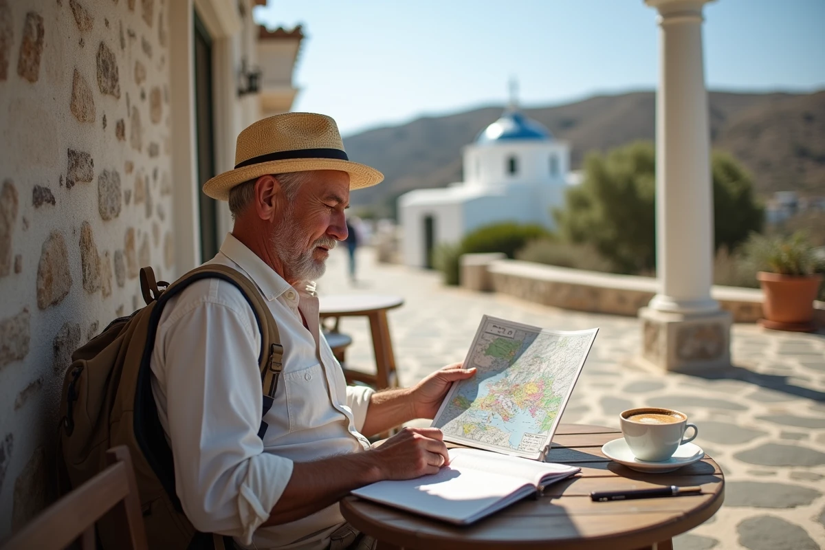 Homme mature avec carte et caf&eacute; en terrasse &agrave; Tinos