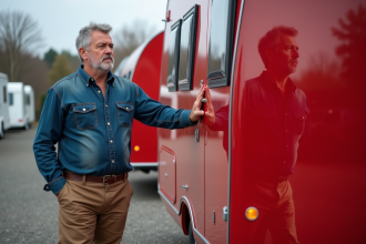 Homme debout près d'une caravane rouge en extérieur