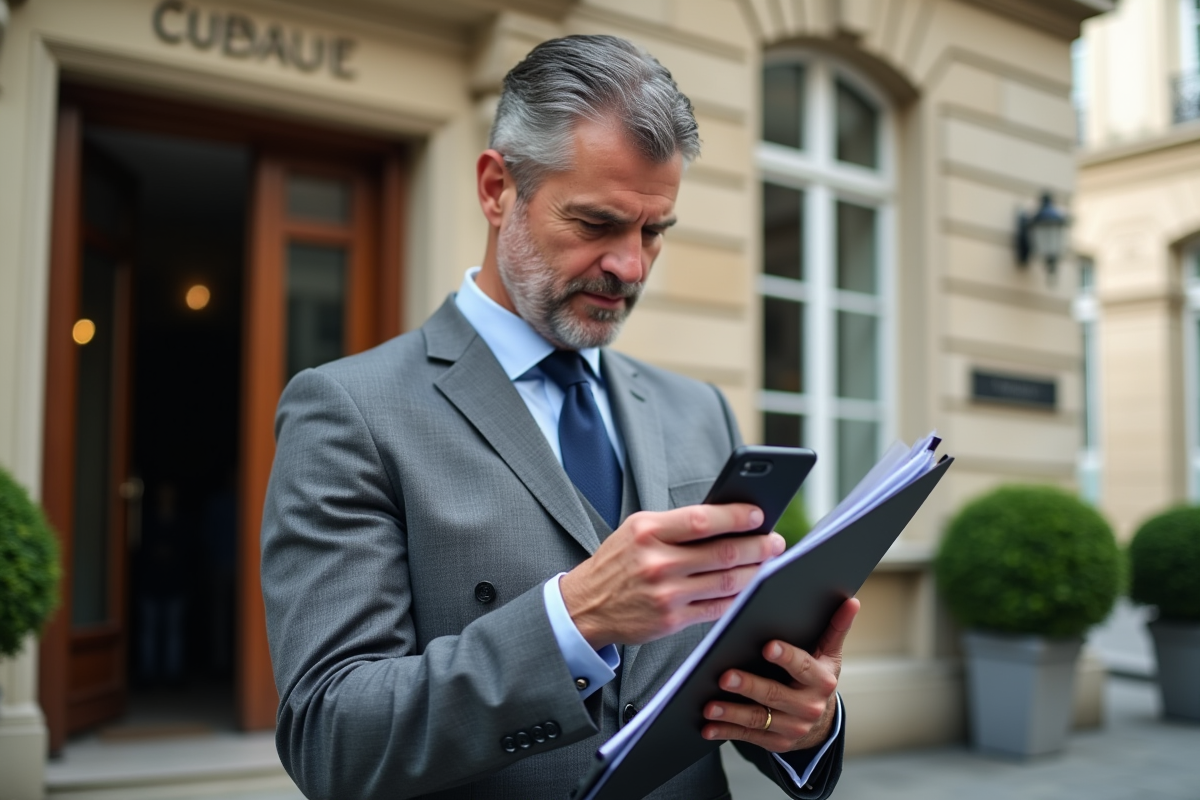 Homme vérifiant son smartphone devant le consulat de France