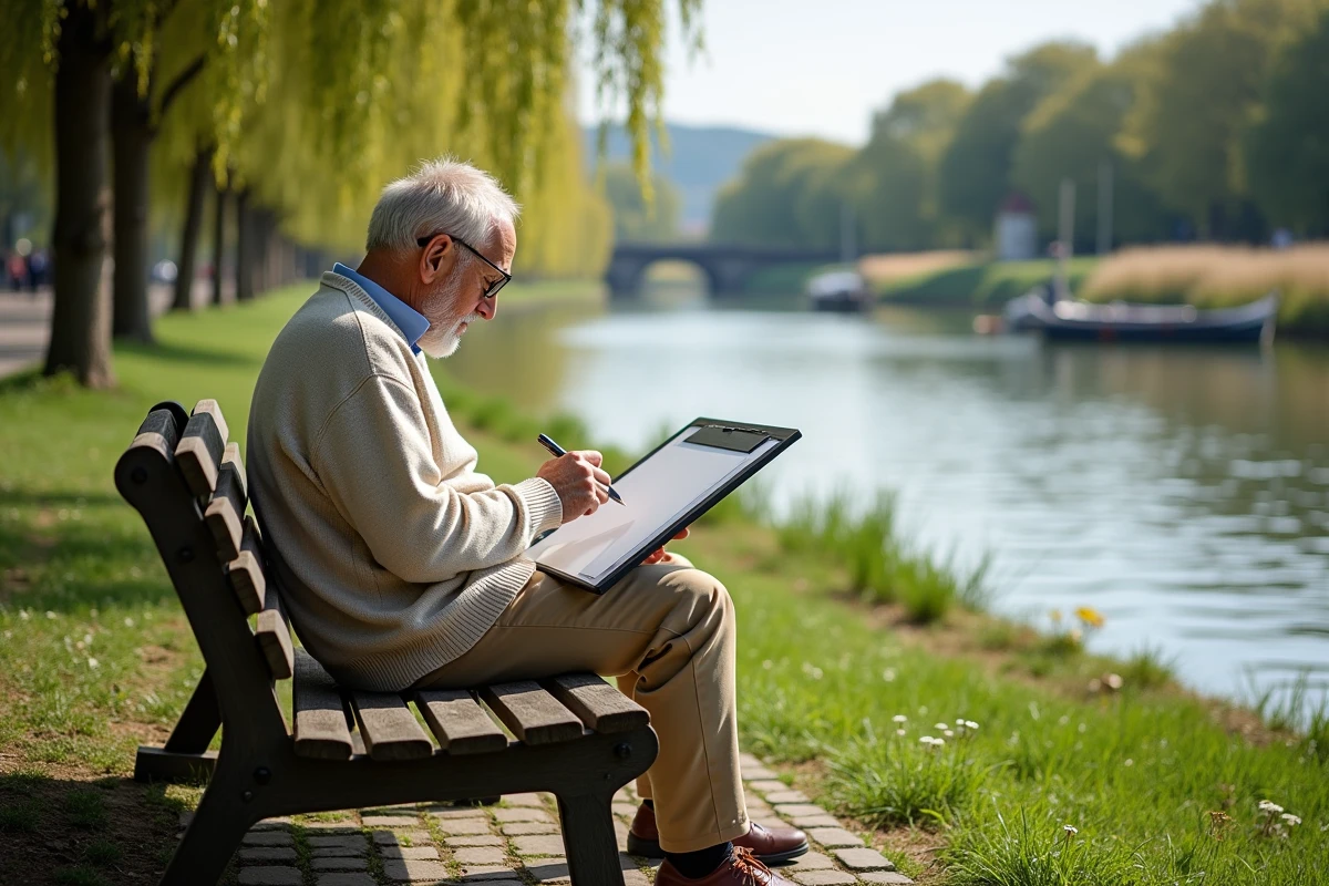 Homme moyenâgeux dessinant la rivière sur un banc