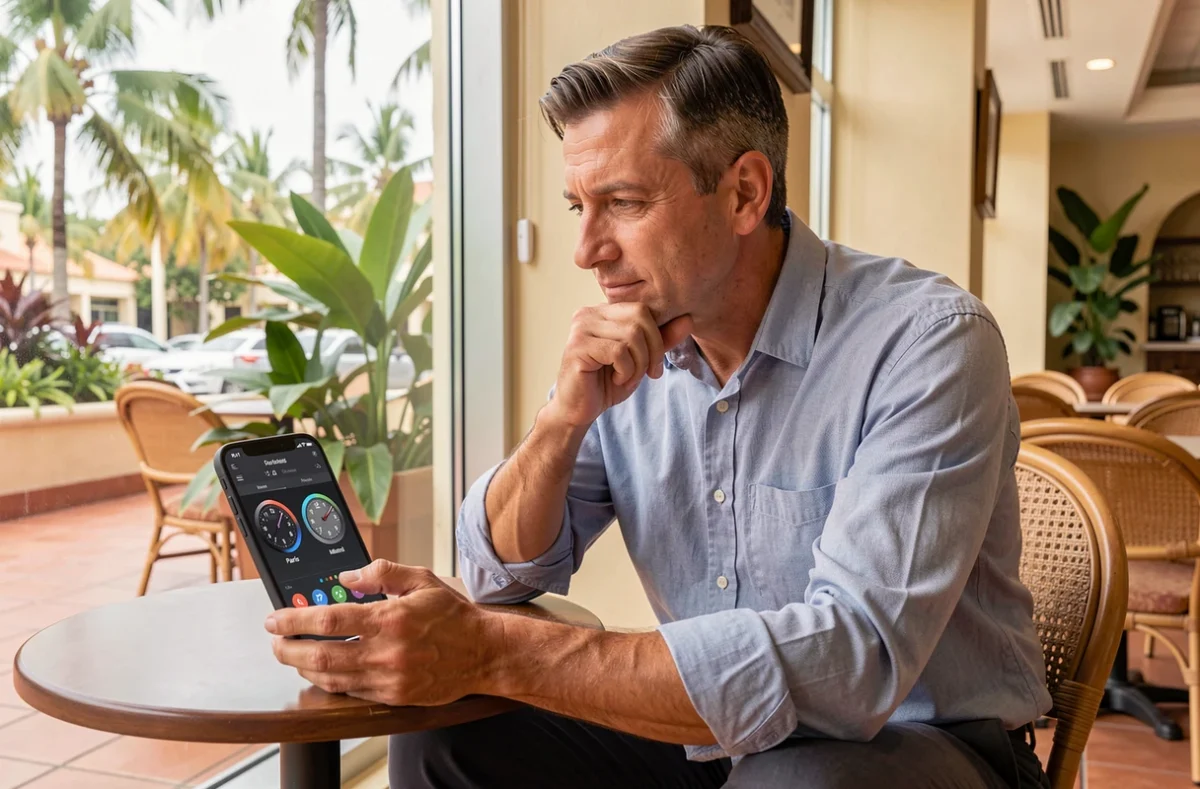 Homme consultant les fuseaux horaires Paris et Miami sur son smartphone dans un café d'hôtel à Miami après un vol depuis la France