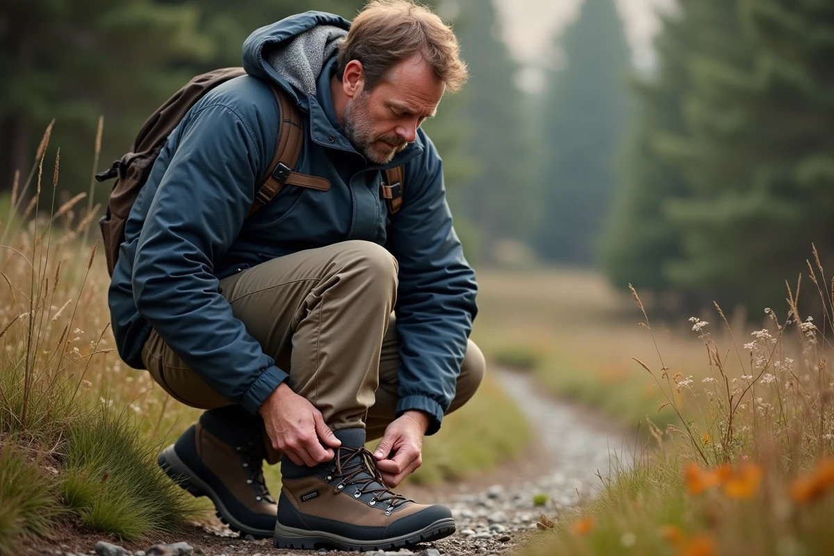Homme attachant ses lacets pr&egrave;s du sentier au lever du jour