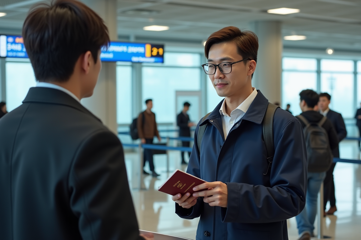 Homme présentant son passeport à un agent d