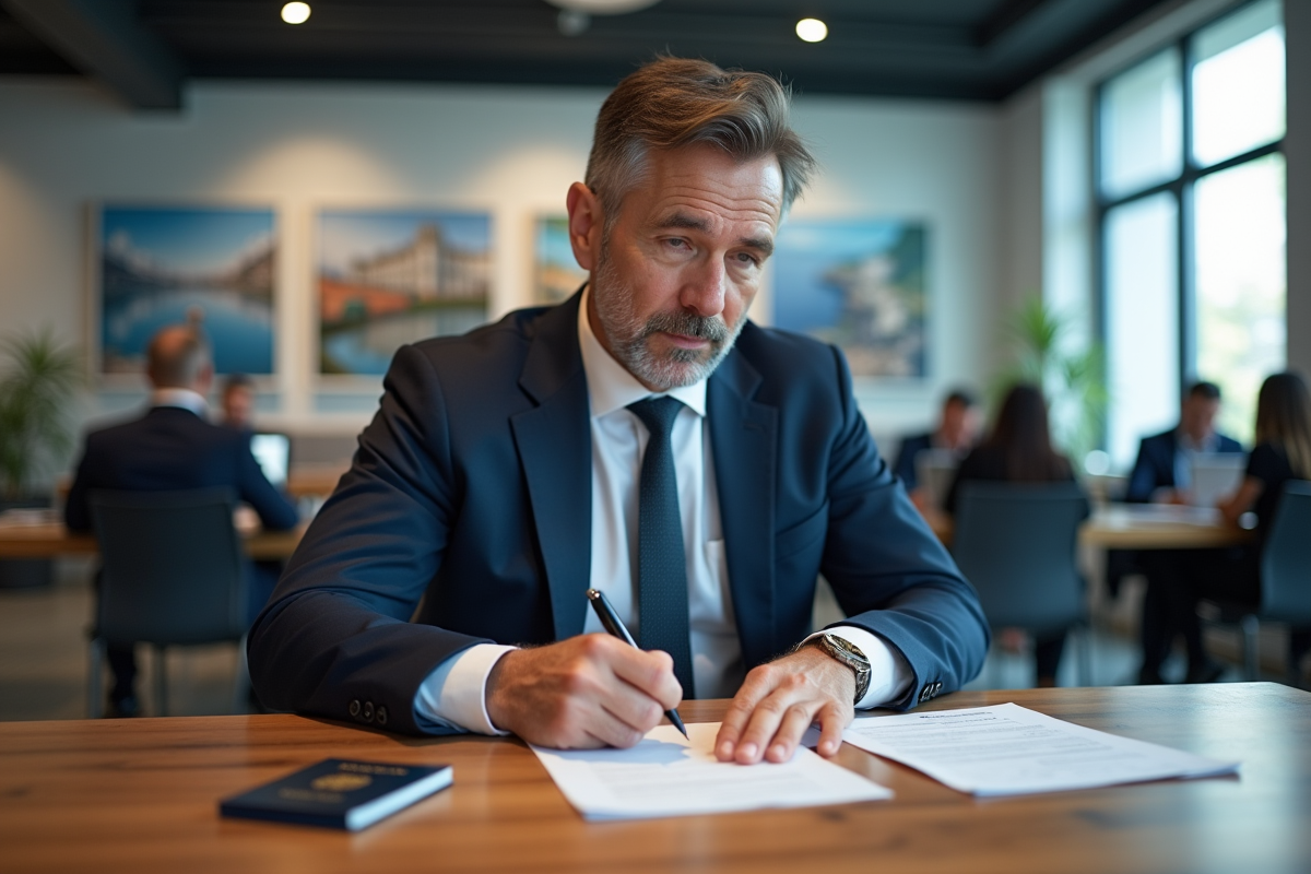 Homme remplissant un formulaire de visa dans un bureau