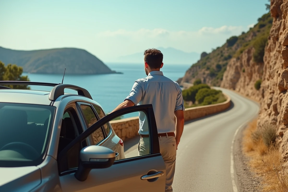 Homme en road trip côtier en voiture de location sur les routes panoramiques de Sicile