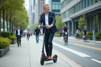 Homme d'âge moyen en scooter électrique dans la ville