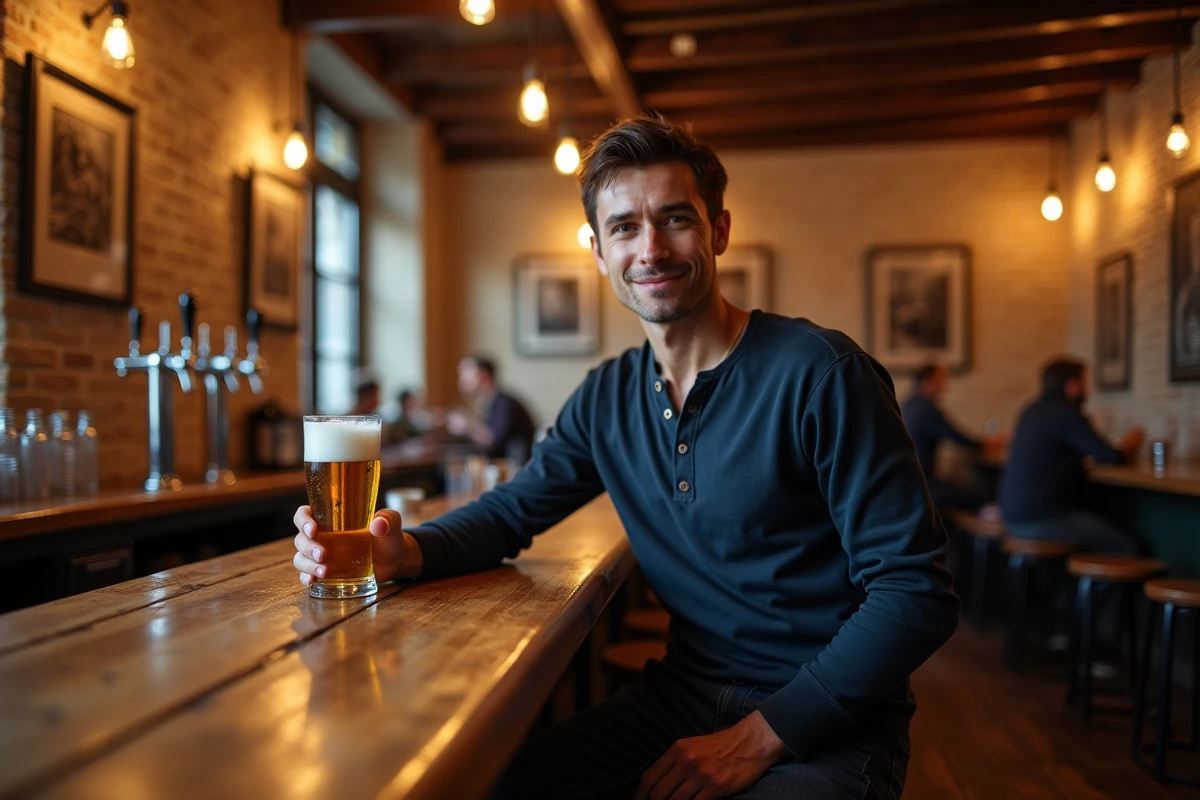 Homme en solo savourant une bière tchèque dans un pub traditionnel de Prague