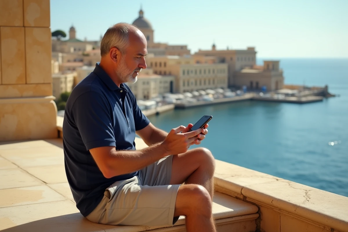 Homme consultant la météo sur smartphone depuis une terrasse en pierre dorée à Valletta avec vue sur la mer de Malte