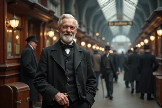 Homme âgé en costume victorien devant une gare ancienne