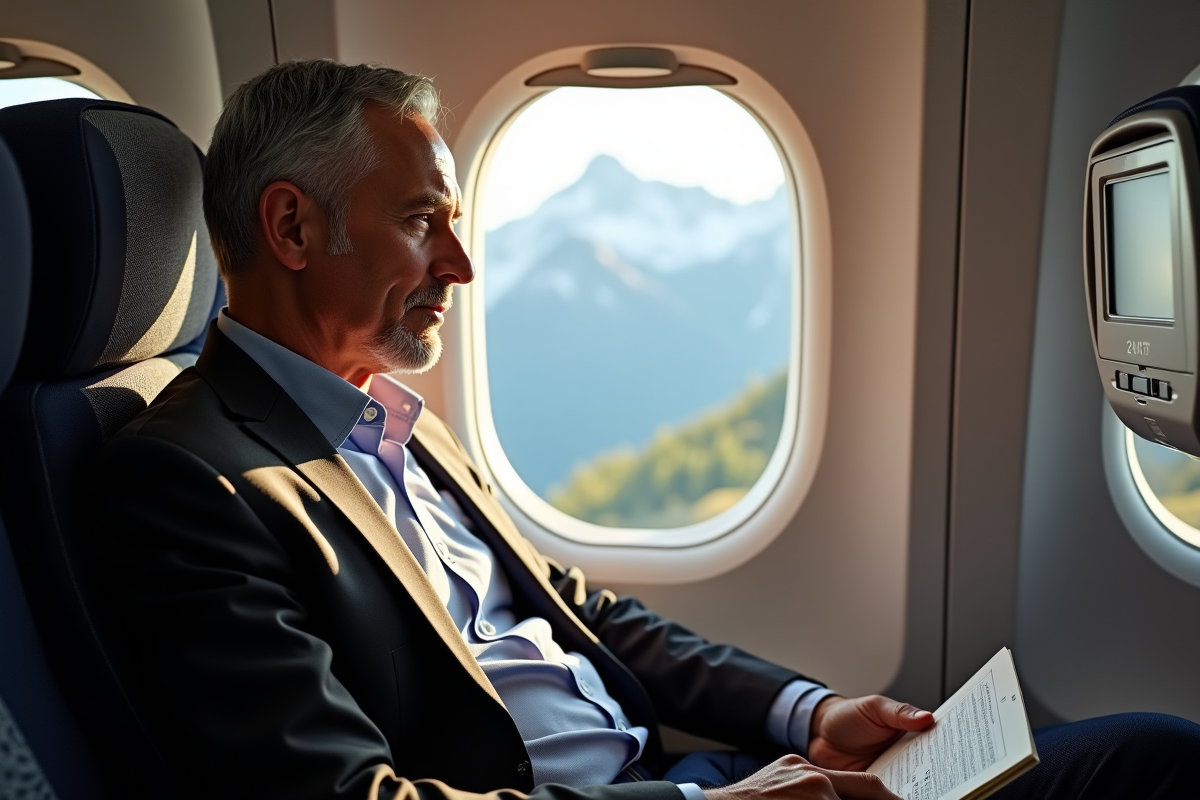 Homme en avion regardant les Alpes et le paysage italien