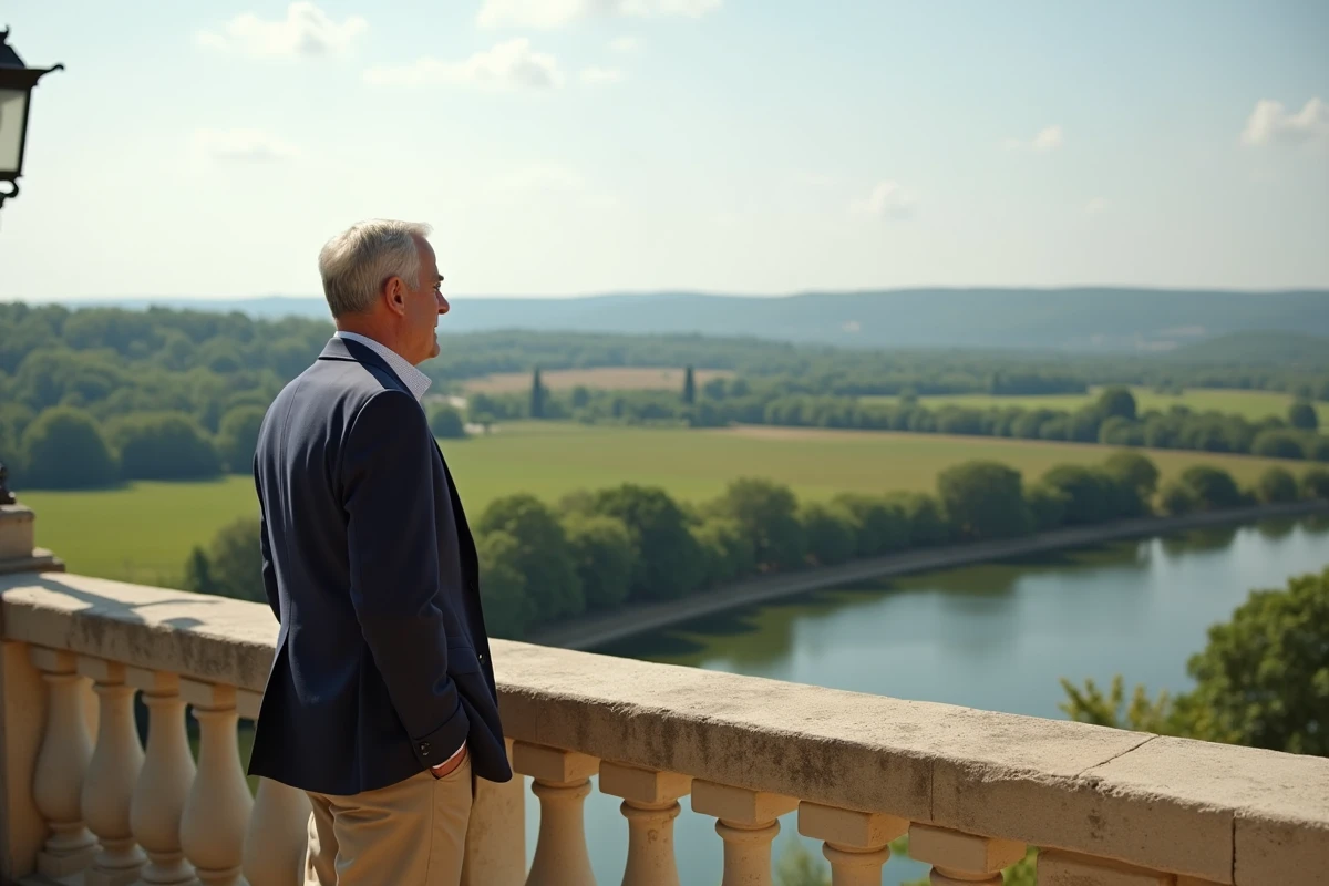 Homme admirant la vue panoramique de la rivière Dordogne depuis la terrasse