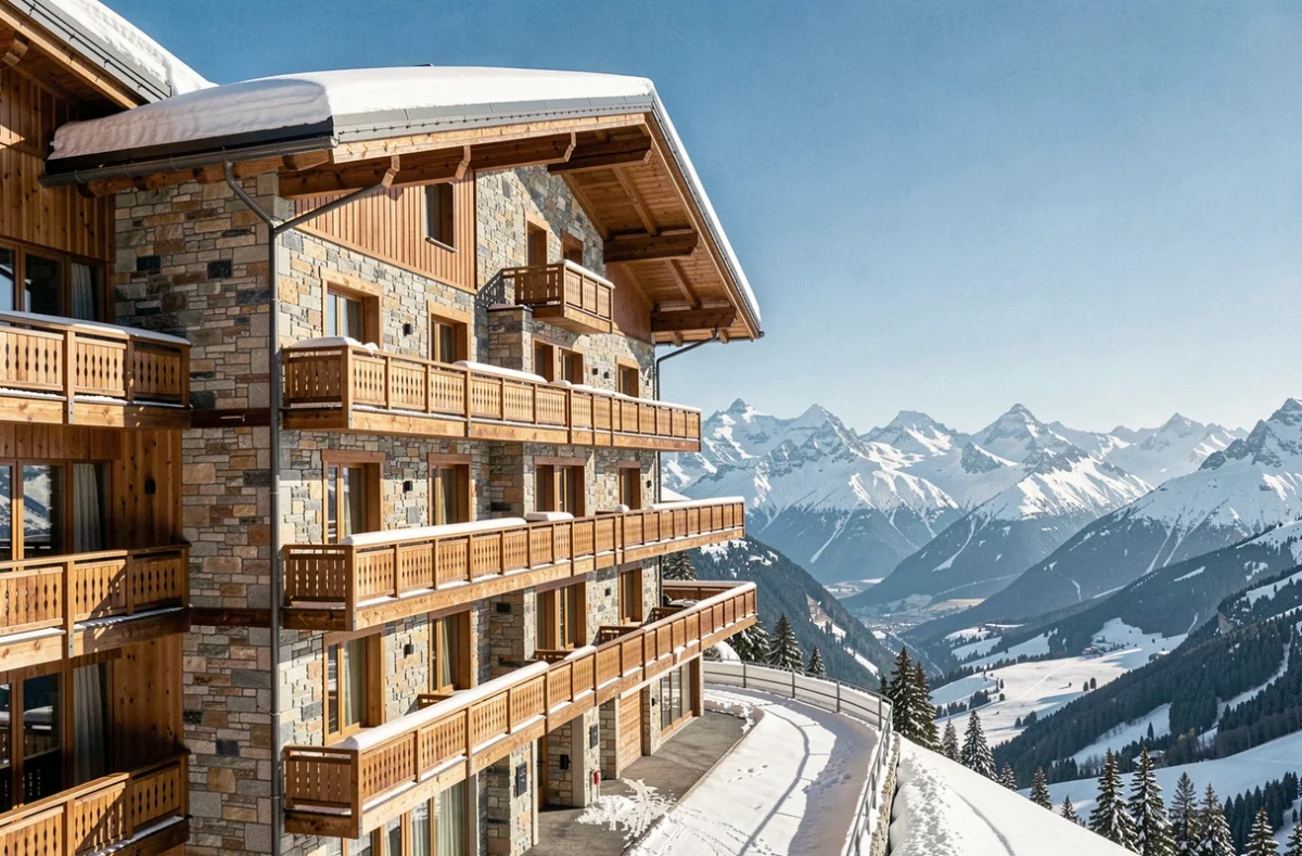 Façade extérieure de l'Hôtel Grandes Rousses à Alpe d'Huez, avec ses balcons en bois enneigés et une vue panoramique sur les montagnes