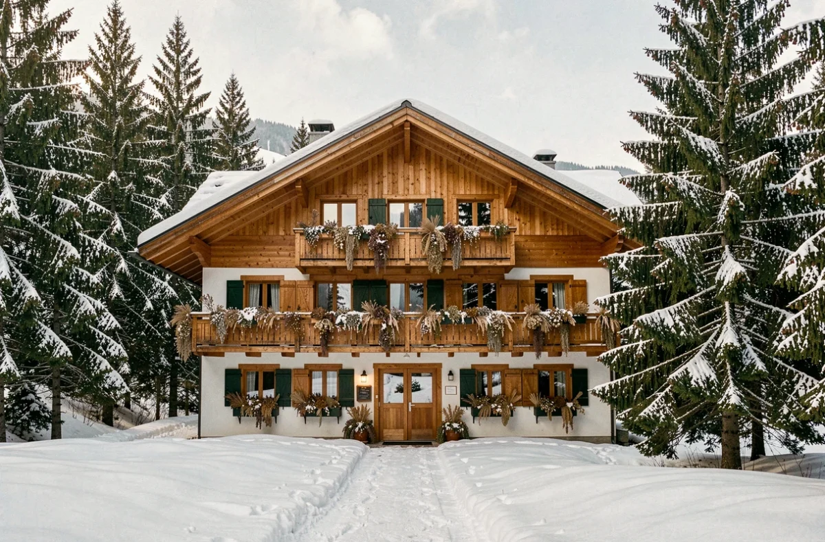 Façade extérieure de l'Hotel le Chalet à Gresse-en-Vercors, entourée de sapins enneigés et du paysage hivernal du plateau du Vercors