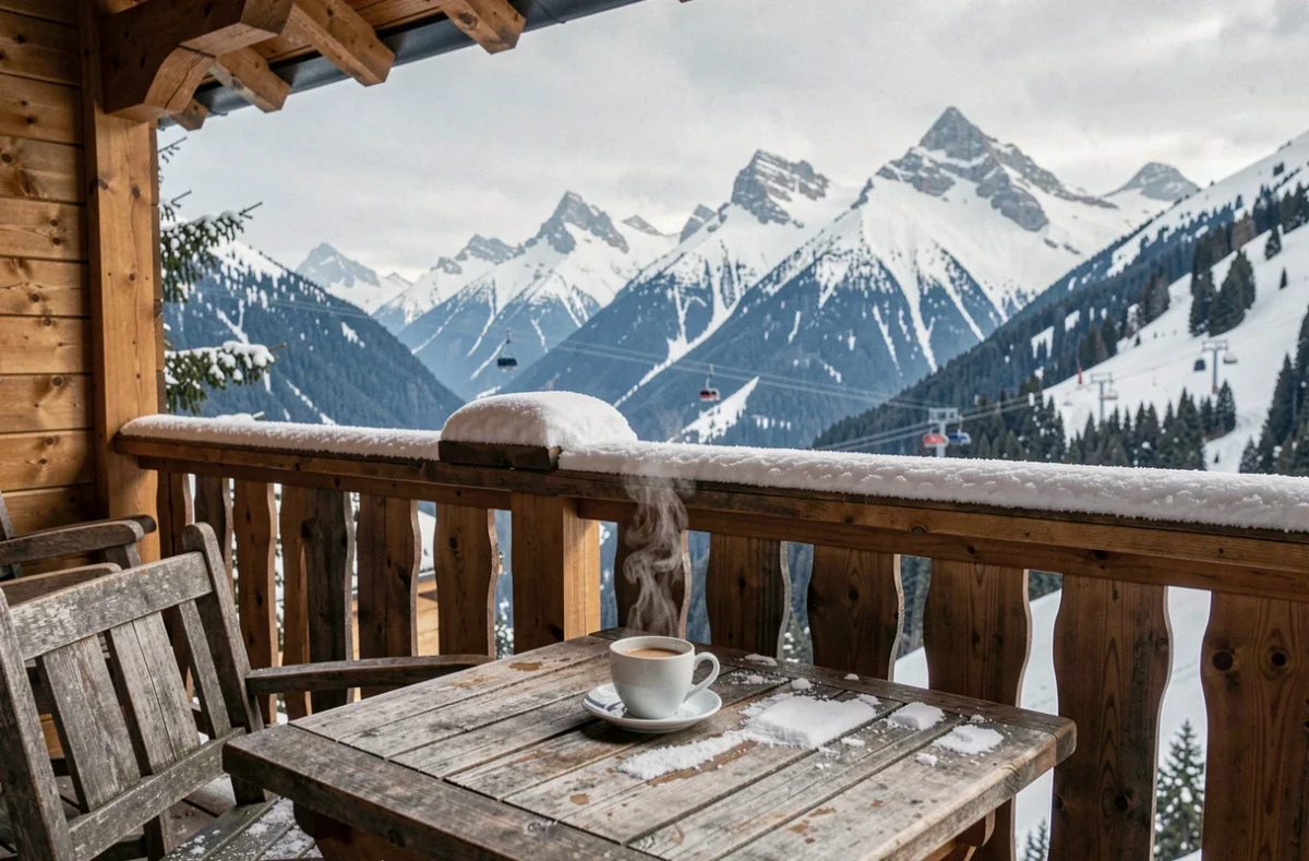 Terrasse en bois de l'Hotel Le V de Vaujany avec une tasse de café fumante et une vue imprenable sur le massif de Belledonne enneigé
