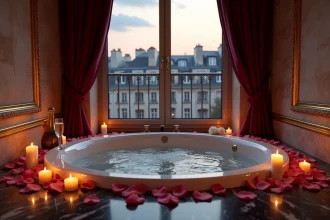 Chambre d'hôtel de luxe à Paris avec jacuzzi privatif vue sur les toits parisiens et décoration romantique avec pétales de roses