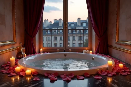 Chambre d'hôtel de luxe à Paris avec jacuzzi privatif vue sur les toits parisiens et décoration romantique avec pétales de roses