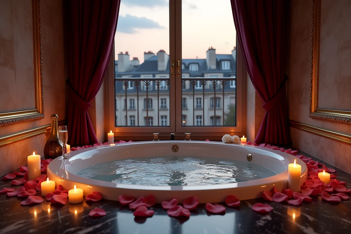 Chambre d'hôtel de luxe à Paris avec jacuzzi privatif vue sur les toits parisiens et décoration romantique avec pétales de roses