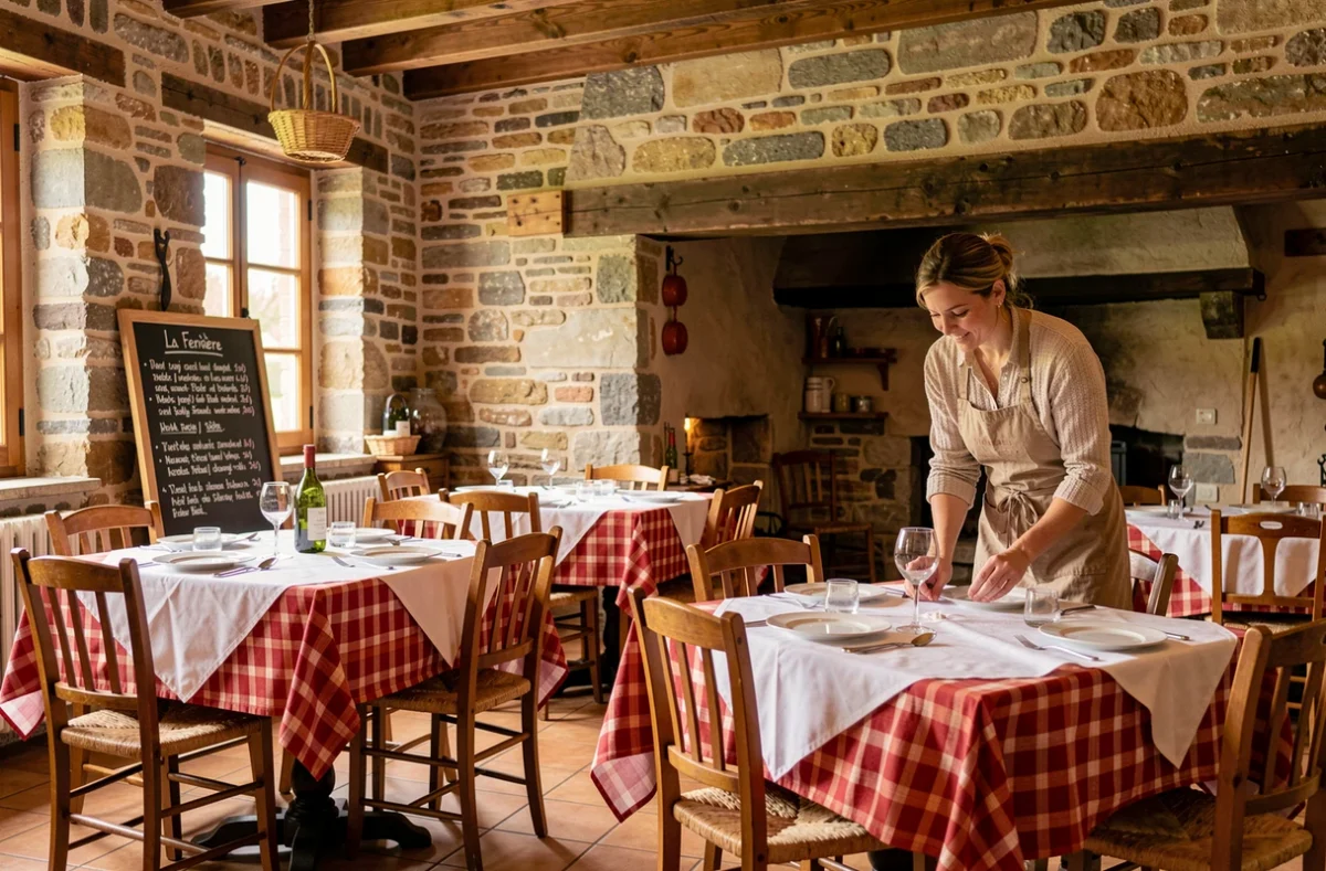 Salle à manger rustique de l'Hôtel Restaurant Le Madame à La Ferrière, avec murs en pierre apparents, mobilier en bois vintage et ardoise de menu near a cheminée
