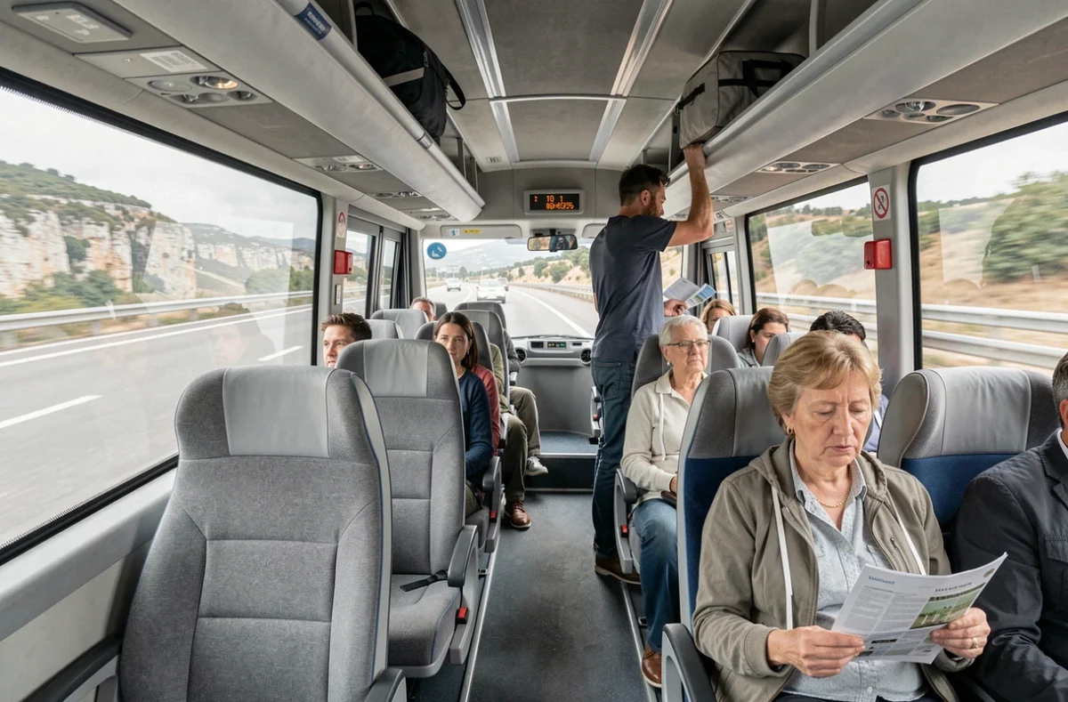 Intérieur d'un car moderne reliant Marseille à Aix-en-Provence avec passagers et bagages de voyage