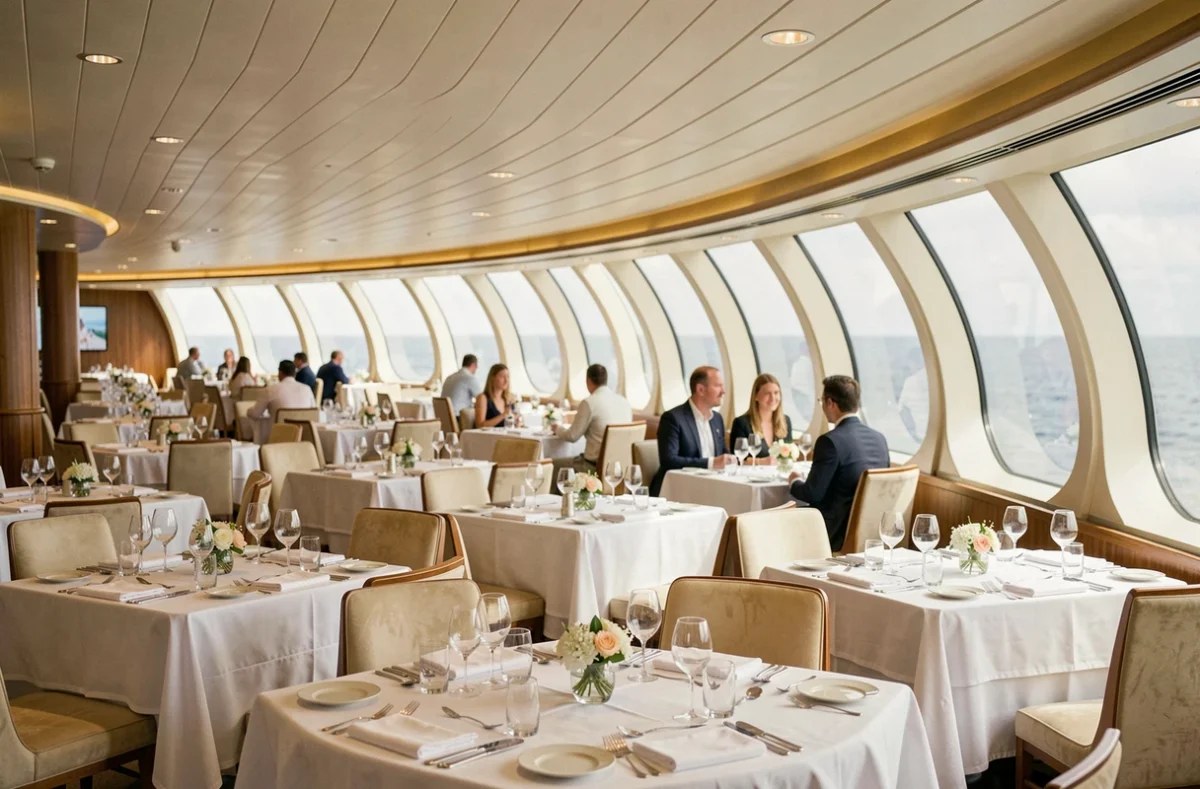 Salle de restaurant intérieure d'un bateau de croisière avec vue panoramique sur la mer