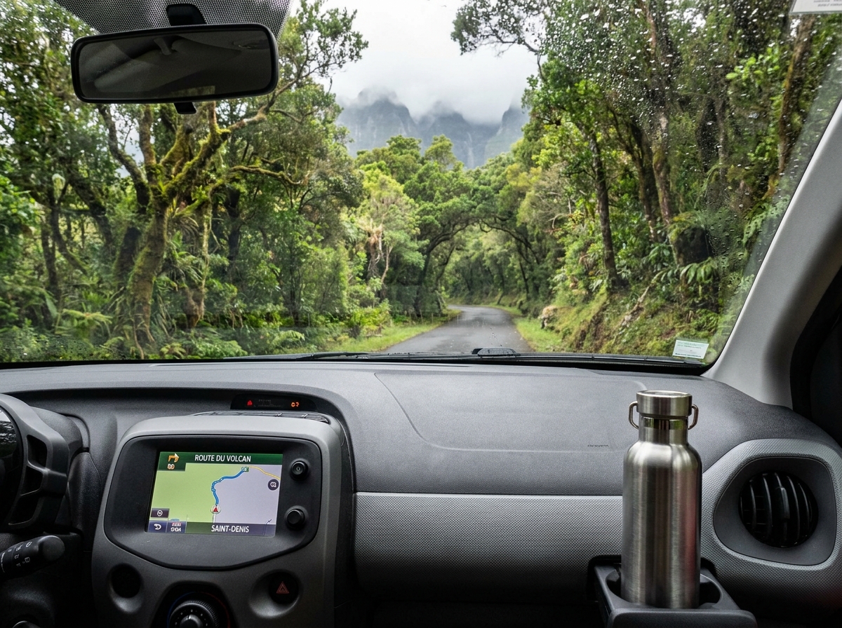 Vue intérieure d'une voiture de catégorie C sur une route de montagne tropicale à la Réunion