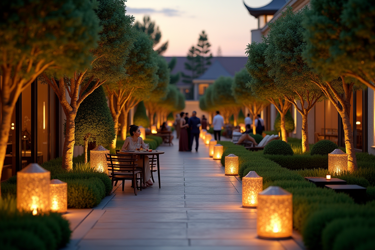 Terrasse de jardin en soirée avec lanternes et groupe élégant