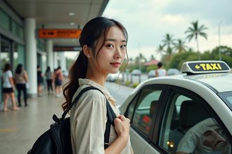 Jeune femme avec sac à l'aéroport de Bali devant un taxi