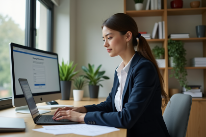 Jeune femme professionnelle en bureau moderne lors d'une inscription en ligne