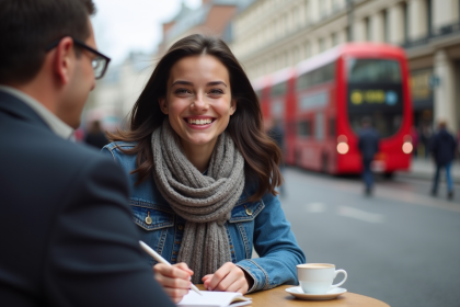 Jeune femme souriante dans un caf&eacute; &agrave; Londres avec un carnet