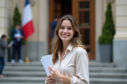 Jeune femme souriante devant le consulat français