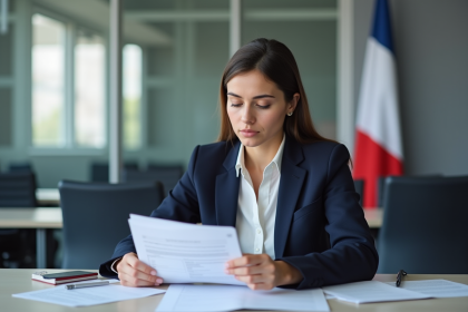 Jeune femme avec dossier de visa France dans un bureau officiel