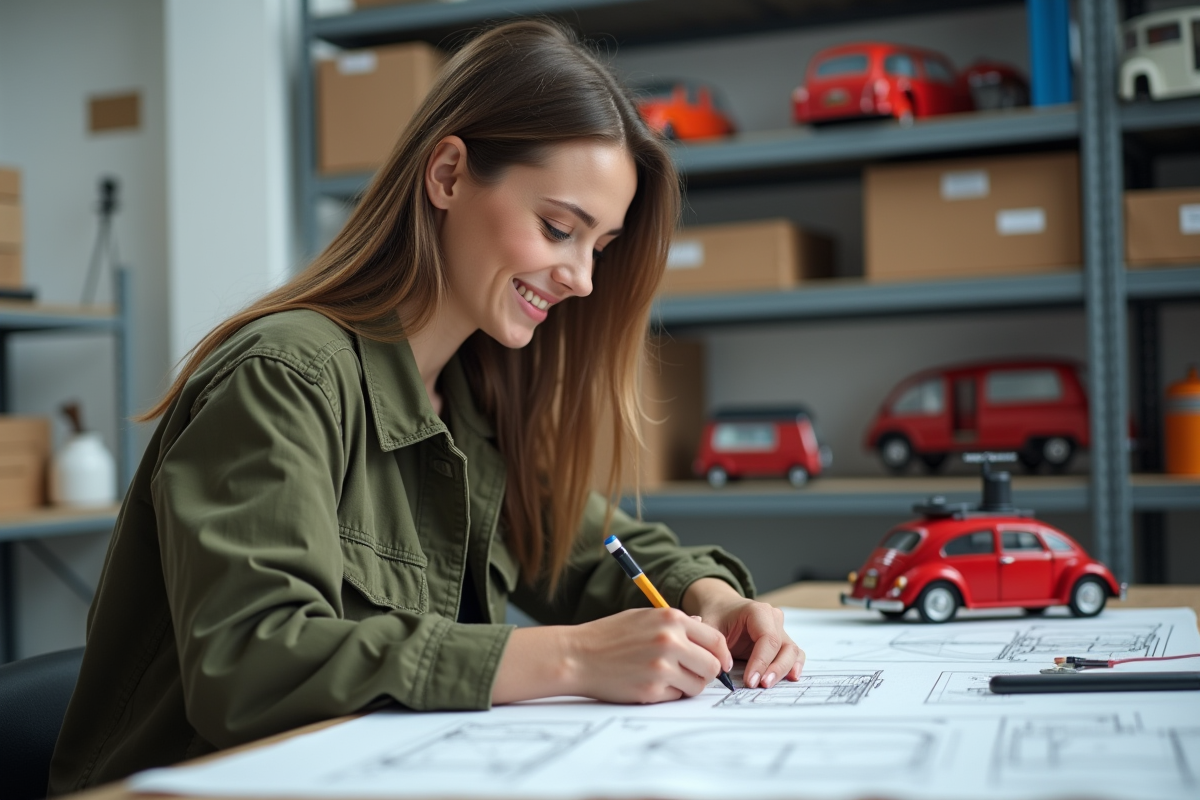 Jeune femme dessinant des plans de caravane en atelier