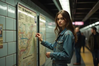 Jeune femme regardant une carte du metro dans une station de Manhattan