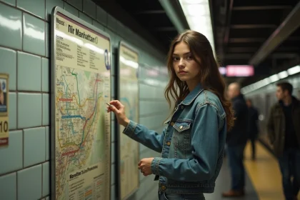Jeune femme regardant une carte du metro dans une station de Manhattan