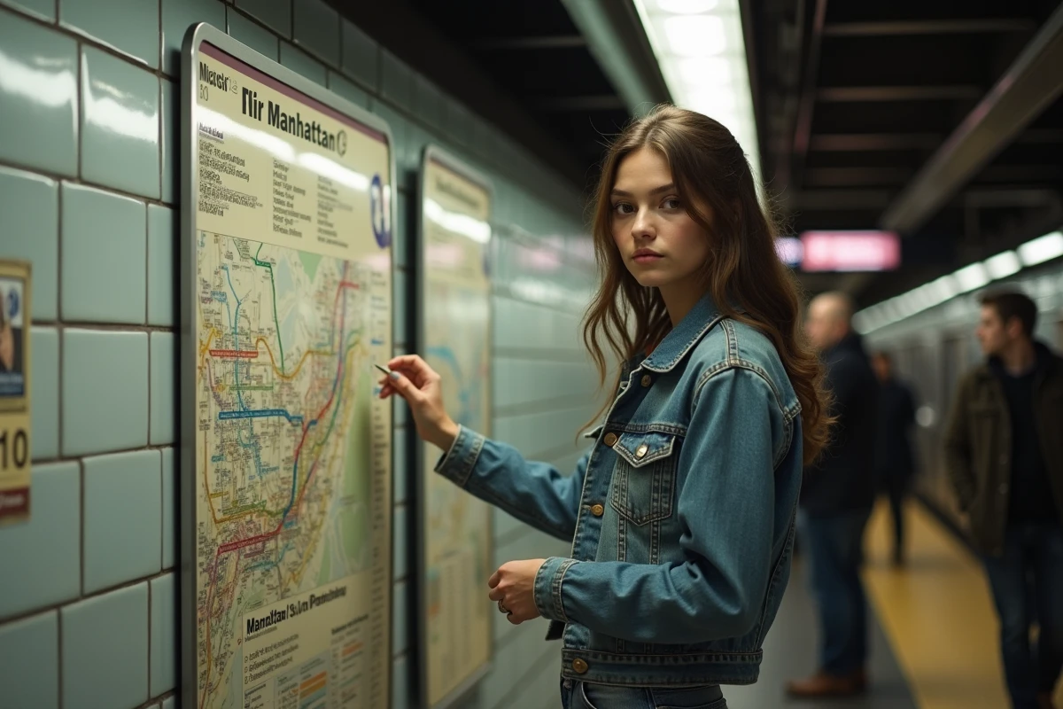 Jeune femme regardant une carte du metro dans une station de Manhattan