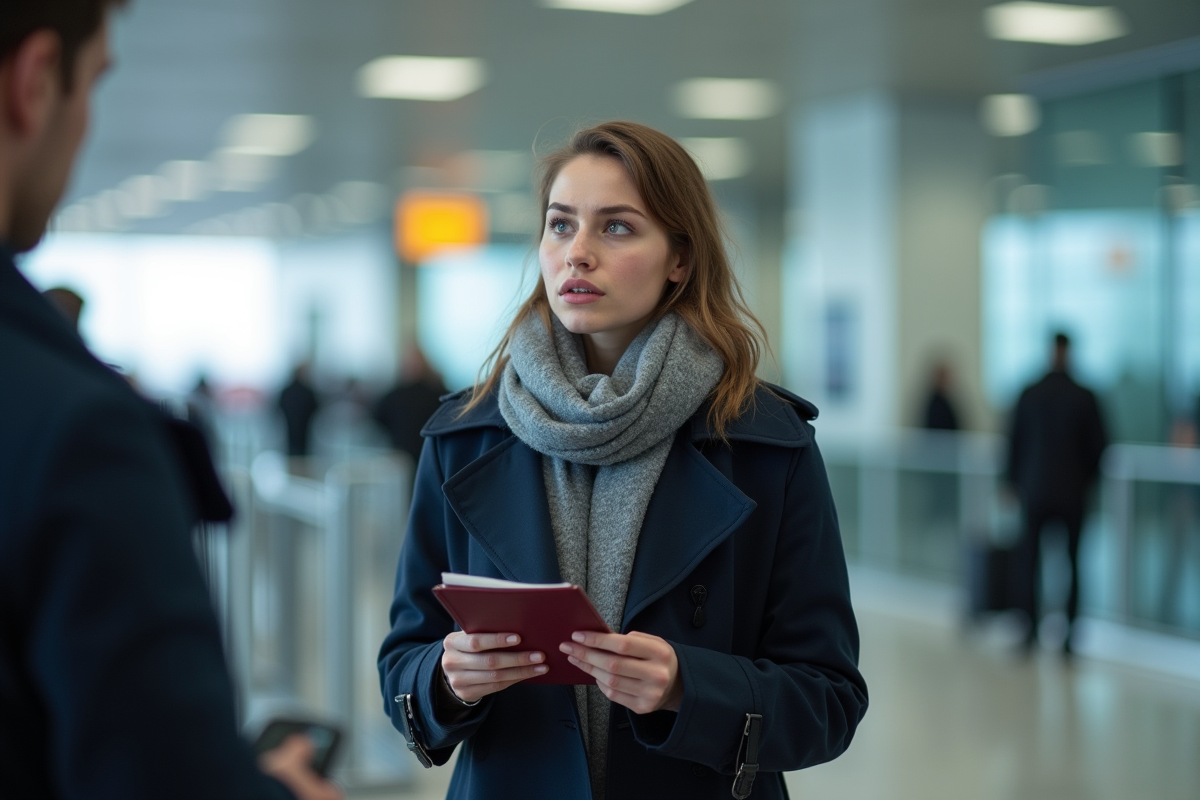 Jeune femme au contrôle passport à l'aéroport