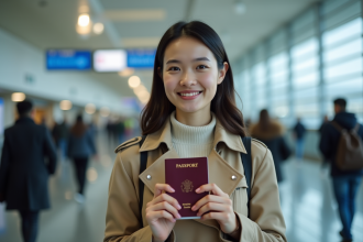Jeune femme avec passeport dans un aéroport moderne