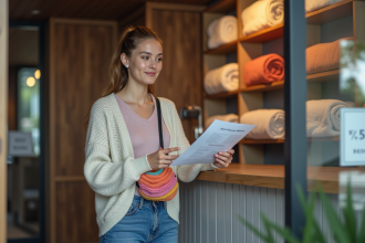 Jeune femme à la réception d'une auberge avec serviette colorée