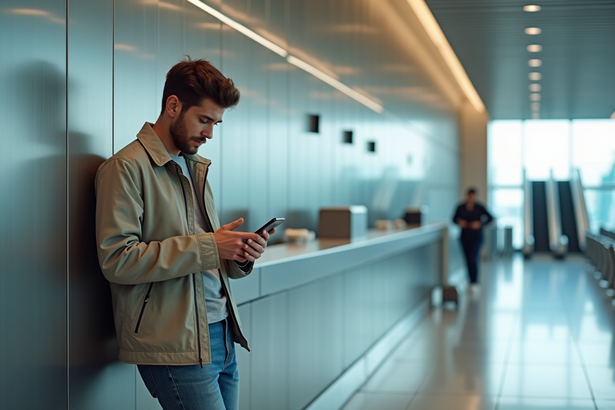 Jeune homme regardant son smartphone dans un hall d aéroport