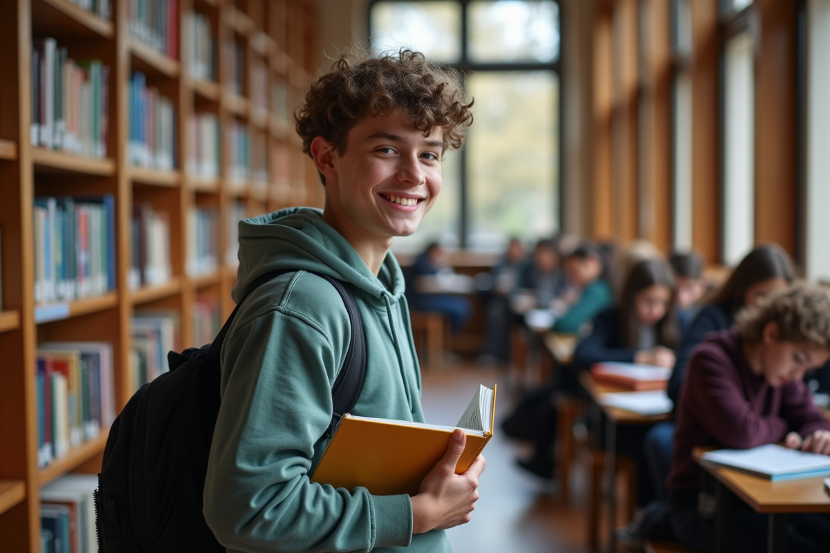 Adolescent dans une bibliothèque universitaire avec ses amis
