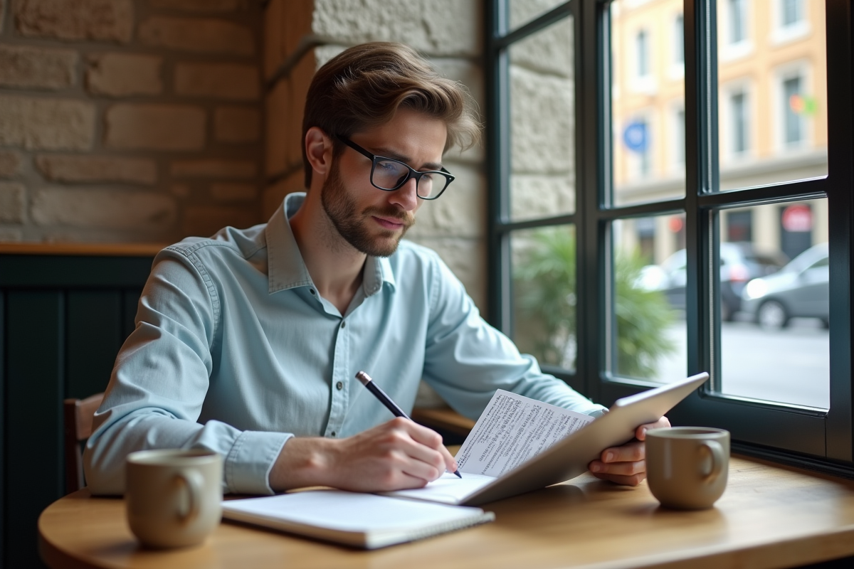 Jeune homme traduisant brochure dans un café
