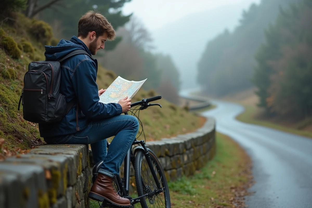 Jeune homme consulte une carte près de son vélo dans la nature