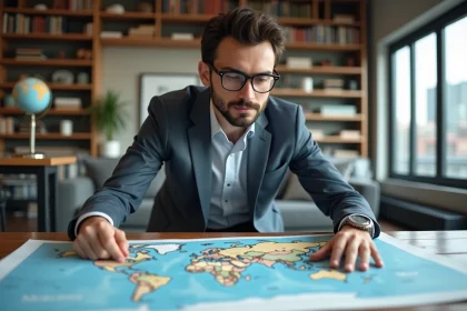 Jeune homme en &eacute;tude devant une carte du monde