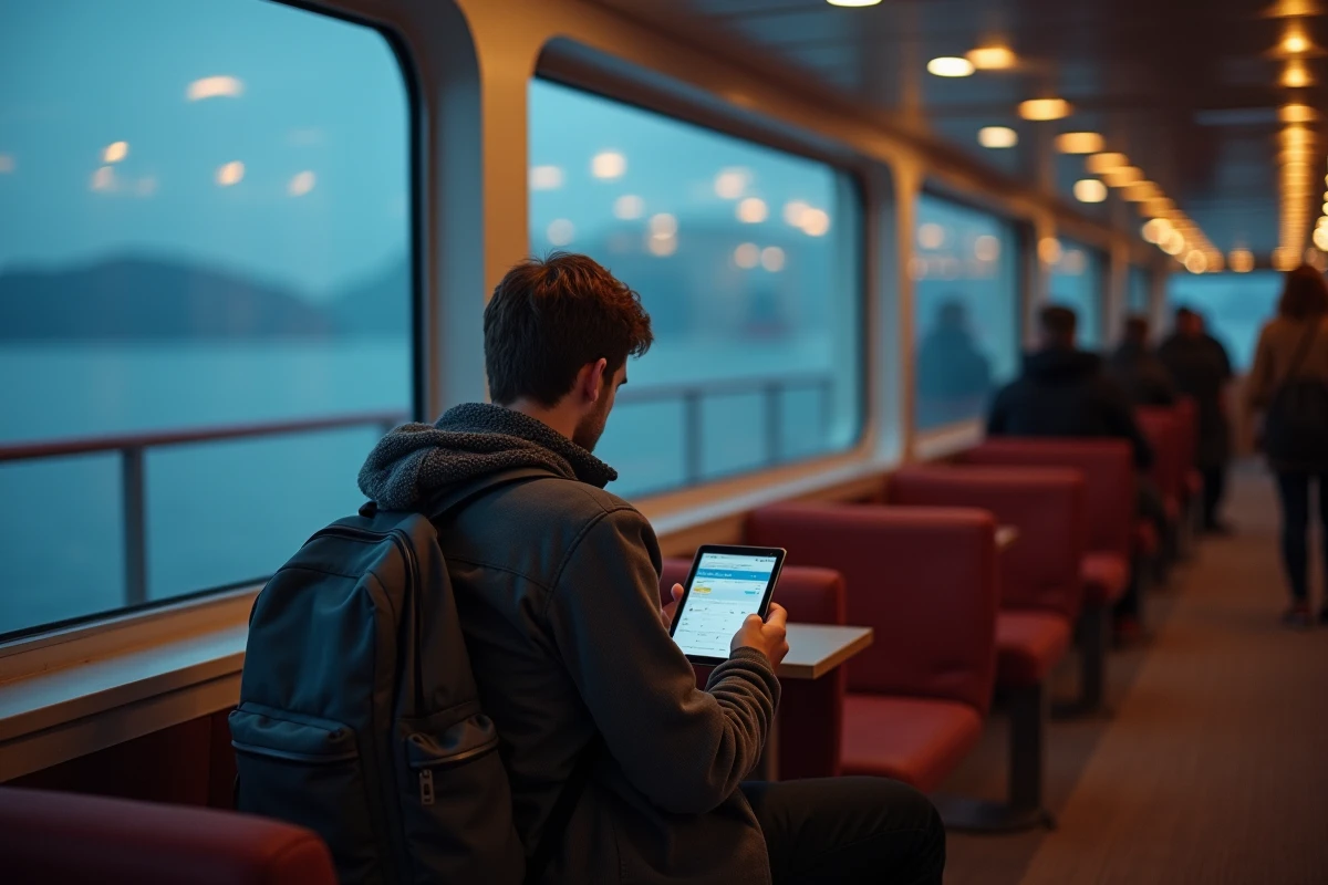 Jeune homme regardant une r&eacute;servation de ferry sur tablette