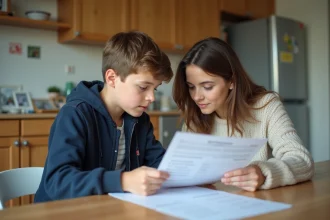 Adolescent et mère examinent un formulaire de voyage dans une cuisine lumineuse