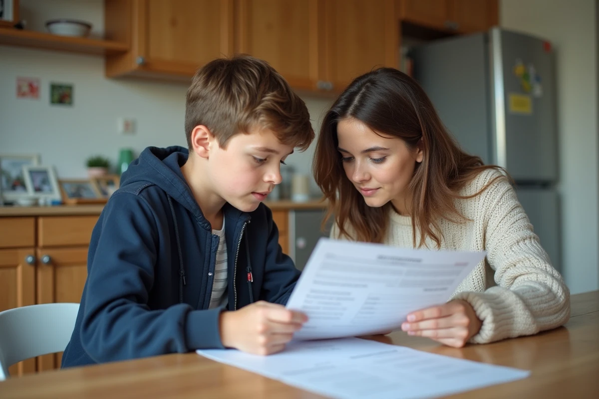Adolescent et mère examinent un formulaire de voyage dans une cuisine lumineuse