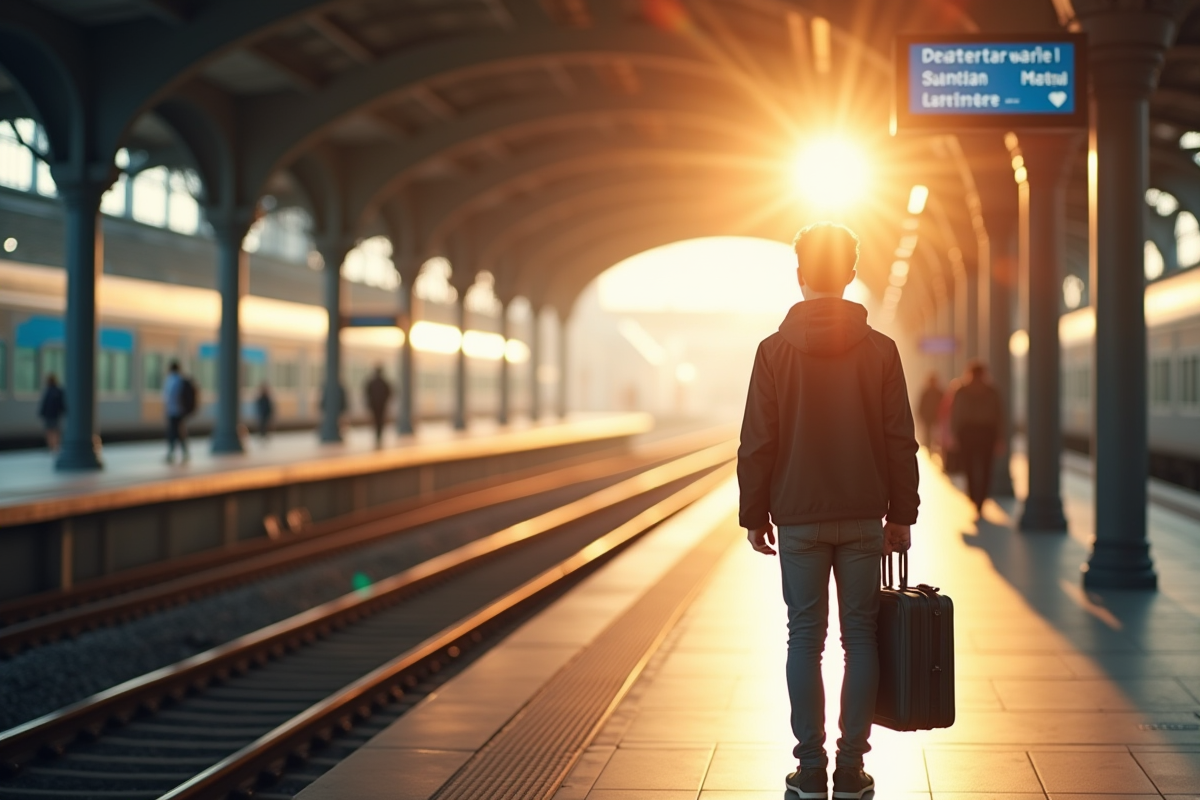 Jeune voyageur sur la plateforme de train regardant le tableau des départs