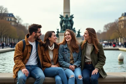 Groupe d'amis souriants &agrave; la Place de la Republique